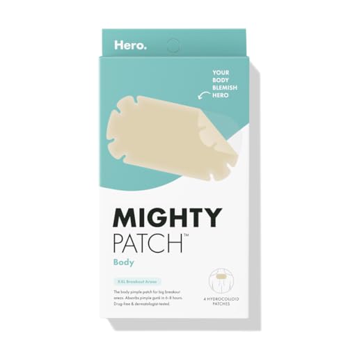 Mighty Patch Hero Cosmetics Body Patch– The XXL Hydrocolloid Patch for Bacne, Chestne, and Other Body Breakouts. Derm-Tested. Medical-Grade Hydrocolloid. Absorbs Pimple Gunk in 6-8 Hours. 4ct