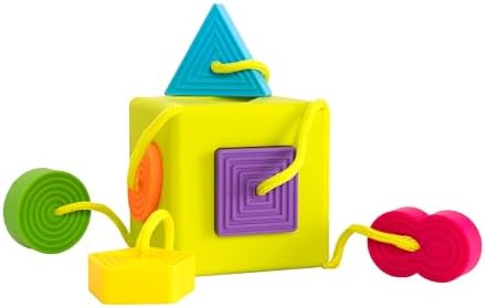 Fat Brain Toys OombeeCube, Toddler and Baby Toys 10 Months and Up, Travel-Friendly Shape Sorter with Tethered Shapes for Early Learning
