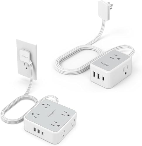 Flat Extension Cord Flat Plug Power Strip, Multiple AC Outlets, 3 USB Charger(1 USB C Port), 5 Ft, Office Supplies, Dorm Room Essentials, Grey