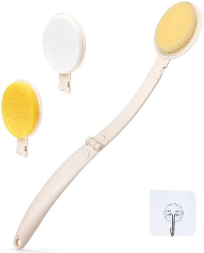 LFJ 19" Long Handle Shower Sponge Brush Set, 3 in 1 Body Brush, Bath Sponge and Lotion Applicator Improved Skin Health, Suitable for Men and Women (White Brush-1P)