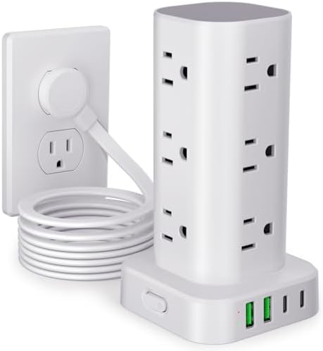 Power Strip Tower with Multiple Outlets, Flat Plug Surge Protector Tower Extension Cord with 12 AC Outlets 4 USB Ports (2 USB C), 10FT Cord Power Tower Surge Protector for Home Office Dorm Room, White