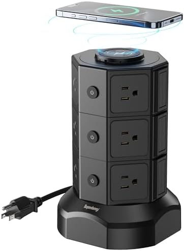 Tower Power Strip with 15W Wireless Charger, SUPERDANNY 1050J Surge Protector Tower 13A Charging Station with 12 AC Outlets & 6 USB Ports (2 USB C), 6.5ft Black Extension Cord for Dorm Essentials