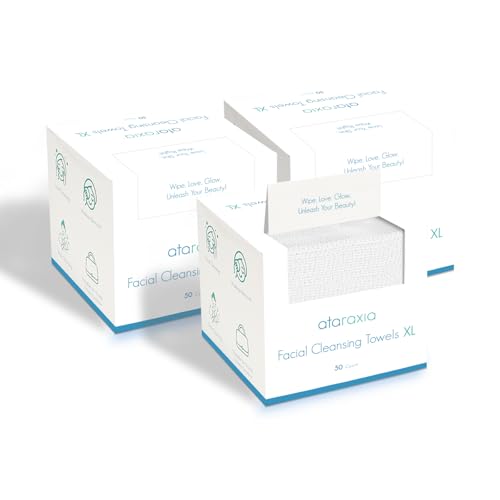 ataraxia Disposable Face Towels XL, Cotton Clean Towel for Face Travel Pack of 150, 10x12'' Extra Thick Soft Facial Cleansing Towelettes Wipes for Drying | Washing | Skin Care (3 Pack)