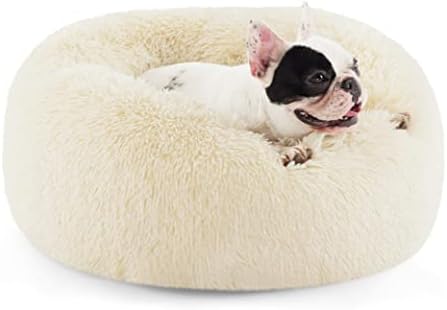Bedsure Calming Dog Bed for Small Dogs - Donut Washable Small Pet Bed, Round Anti-Slip Fluffy Plush Faux Fur Large Cat Bed, Fits up to 25 lbs Pets, Oat Milk, 23 inches