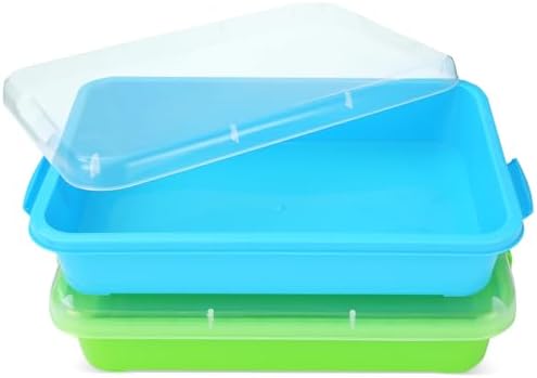 Sensory Bin Sand Tray with Lid for Toddlers 2 Pcs 15in Portable Sandbox Toy Large Plastic Tray for Kids 3 4 5 6 Fill with Sand, Water, Beads, and More (Green+Blue)