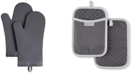 KitchenAid Ribbed Soft Silicone Oven Mitt Set, Charcoal Grey 2 Count, 7.5"x13" & Asteroid Pot Holder 2-Pack Set, Charcoal Grey, 7"x10"