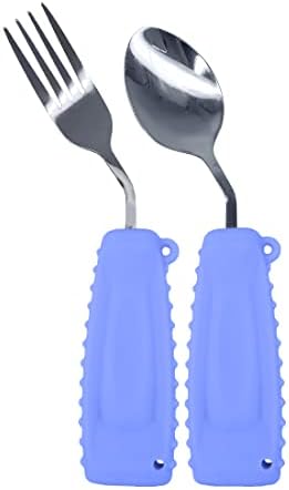 Adaptive Utensils,Curved Angled Spoon and Fork Set,for Tremors Parkinsons Limited or Elderly,Lightweight Cutlery with Non-Slip Easy Grip Handles (Right Hand Spoon and Fork Set,Pack of 2,Purple)