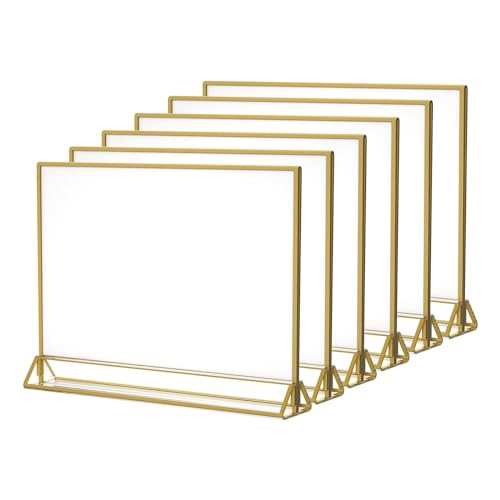 NIUBEE 6Pack 11 x 8.5 Acrylic Sign Holder with Gold Frames and Vertical Stand, Ideal for Display Wedding Table Numbers, Double Sided Picture, Clear Photos, Menu Holders -Horizontal