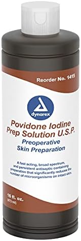 Dynarex Povidone Iodine Prep Solution USP, Effective Topical Antiseptic Liquid for Skin and Mucosa, Cleansing and Preparation, Brown, 1 - 16 Fluid Oz. Bottle
