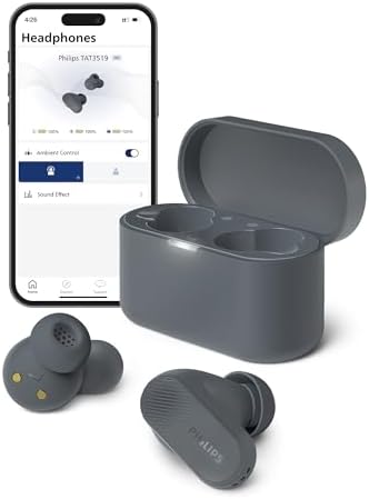 PHILIPS TAT3519 Wireless Earbuds,True Wireless Headphones with Noise Canceling Pro,Dynamic Bass,Clear Call,24 H Battery Life,Fast Charging,Bluetooth 5.3,IPX4,App/Touch Control,Black