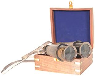 Old Modern Handicrafts Brass Binocular with Leather Overlay in Wood Box - Vision Beyond Exploring Worlds Close and Far with Binoculars - 5.3L x 5.0W x 2.3H Inches