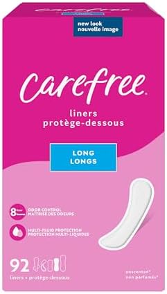 Carefree Panty Liners for Women, Long, Unwrapped, Unscented, 92ct | Pantiliners, Carefree Liners, Daily Liners for Women, Light Periods and Leaks, 8-Hour Odor Control | 92ct (Packaging May Vary)