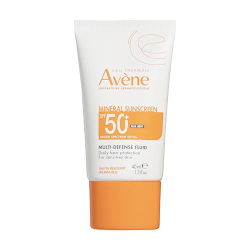 Avene Mineral Sunscreen Multi-Defense Fluid Tinted SPF 50+, Clean Formula Sunscreen for Sensitive Skin, Sheer, Water Resistant, Non-Whitening, Antioxidant Protection, 1.7 Fl Oz