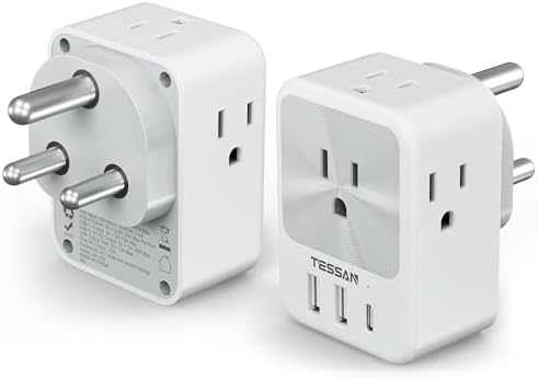 US to India Plug Adapter 2 Pack, TESSAN Type D Travel Adapter with 4 AC Outlets 3 USB Ports (1 USB C), 7 in 1 India Travel Plug for USA to Bangladesh Maldives Pakistan Sri Lanka