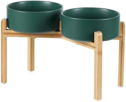 Ceramic Raised Double Bowls Set with Stand, Food & Water Bowls for Large Breed Dogs, Weighted Dog Dishes, Pet Bowl(8.2'',60OZ, Green)