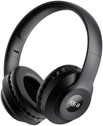 X5 Rechargeable & Portable FM Radio Headphones with Best Reception,LED Display,Soft Ear Muffs, FM Headset Radio Receiver for Meeting, Works, Hiking, Jogging (Black)