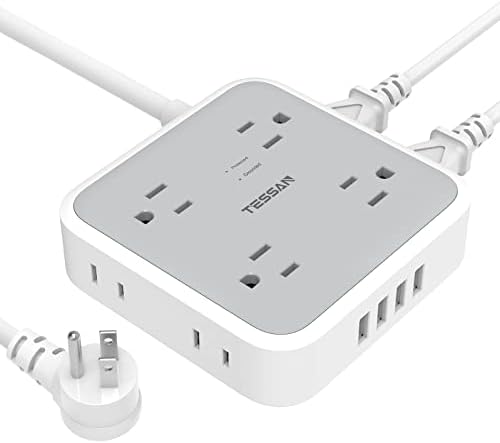 Surge Protector Power Strip, TESSAN 8 AC Outlets and 4 USB Ports with Flat Plug Extension Cord 6 Feet, 1080 Joules Protection, Wall Mountable, Small Compact Size for Home Office, Gray