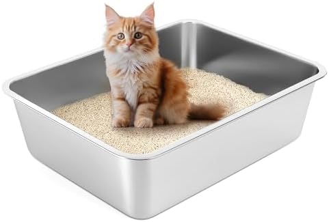 Stainless Steel Cat Litter Box with High Sides, Extra Large Open Metal Litter Pan, Easy to Clean, Rust Proof, Non Stick, Non Slip Rubber Feets 18"x14"x4"