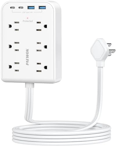 5 ft Flat Plug Extension with 4 USB(2 USB C), 6 Outlets Multiple Plug Expander Wall Charger, Ultra Thin Extension Cord, Power Strip Surge Protector for Home Office Kitchen. White