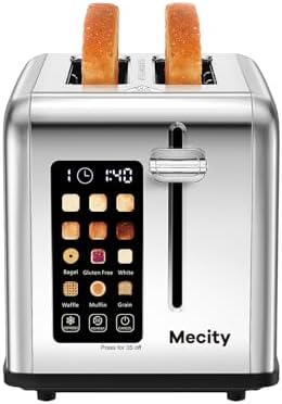 Mecity 2 Slice Toaster Touch Screen 1.5" Wide Slot, Stainless Steel Smart Bread Toaster for Bagel Muffin Waffle Gluten Free Breads, Timer, Defrost, Reheat, 120V 825W