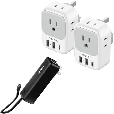 2 Pack US to UK Plug Adapter, TESSAN Ireland Scotland Type G Power Adapter, 4 American Outlets 3 USB, Portable Charger Power Bank, 3 in 1 Power Bank 20W Fast Charging