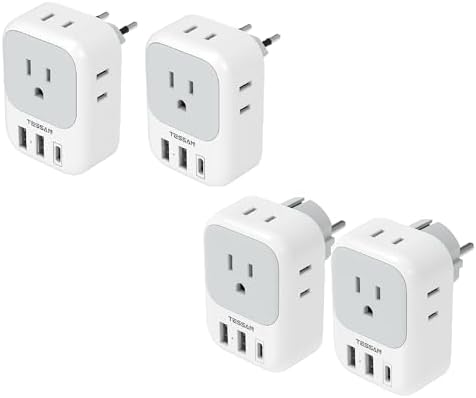 2 Pack European Travel Plug Adapter USB C, TESSAN US to Europe and Germany Plug Adapter with 4 Outlets 3 USB Charger (1 USB C Port)