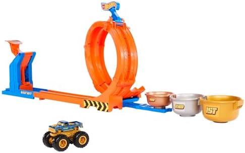 Hot Wheels Monster Trucks Toy Truck & Track Set, Loop-and-Flip Trophy Challenge Playset & 1:64 Scale 50th Anniversary Die-Cast Bigfoot, 2 Ways to Play