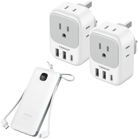 US to UK Plug Adapter 2 Pack, TESSAN Type G Travel Converter with 4 Outlets 3 USB Charger(1 USB C Port) with Portable Phone Charger with Built in Cables, 10000mAh Power Bank