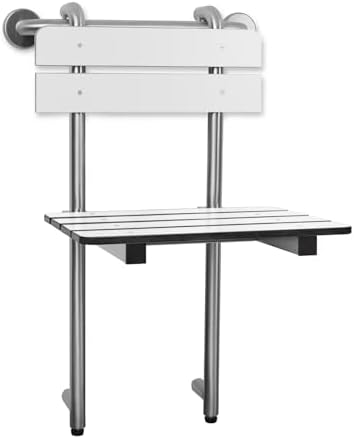 Portable Hanging Profile Bench Shower Seat with 18-inch Grab Bar, Grab Bar Supported, Stainless Steel, White