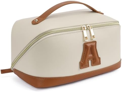 Telena Makeup Bag Large Capacity Travel Cosmetic Bag Portable PU Leather Water Resistant Makeup Organizer Bags for Women with Handle and Divider Open Flat Beige with Brown-A