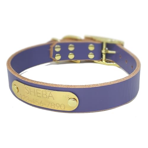 Handmade Personalized Bridle Leather Dog Collar, Engraved Solid Brass Nameplate (Periwinkle Purple)