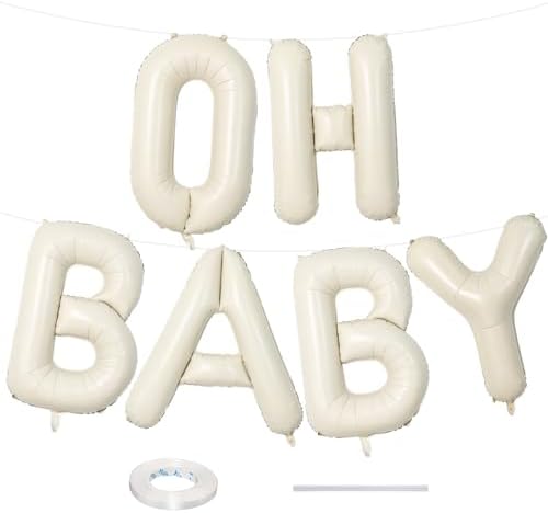 40 Inch Beige OH BABY Balloon for Baby Shower, Large Cream White Oh Baby Balloons Letters with Ribbon, Neutral Ivory Alphabet Oh Baby Balloon Banner Sign for Gender Reveal Backdrop Party Decorations