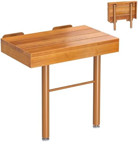 20 Inchs Teak Folding Shower Seat Wall Mounted, Fold Down Shower Seat for Inside Shower, Home Care Folding Teak Shower Seat, Folding Shower Seat with 450 Lb. Weight Capacity (with Support)