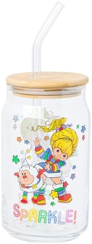 Silver Buffalo Rainbow Brite Stars Sparkle Featuring Twink Glass Jar Tumbler with Bamboo Lid and Glass Straw, 16 Ounces