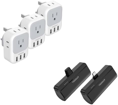 TESSAN US to UK Plug Adapter 3 Pack, Type G Travel Converter with 4 Electrical Outlet 3 USB Charger, Mini Portable Charger, 5000mAh Small Power Bank, for iPhone 15/15 Plus/15 Pro/15 Pro Max