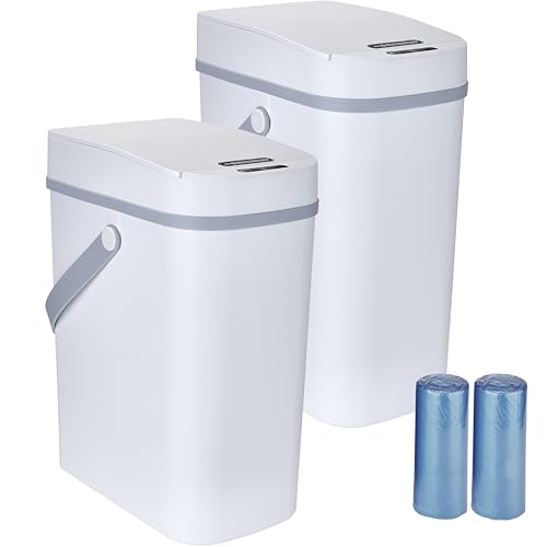 2 Pack Touchless Trash Can with Lid and Handle - 2.6 Gallon Waterproof Motion Sensor Garbage Can - Small Trash Bin for Kitchen, Bathroom, Office - 10L Gallon Capacity Garbage Bin, White