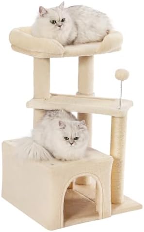 Made4Pets Cat Tree, Small Cat Tower for Indoors Cats, Cute Wood Kitty Condo with Scratching Post and Pad, 29" Multi-Level Modern Activity Climbing Furniture for Small and Medium Cats, Beige
