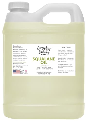 Squalane Oil Bulk- 32 oz 100% Pure & Natural Plant Derived Facial Oil - Cold Pressed and Unrefined Premium Grade Multipurpose Moisturizing Oil For Skin and Hair