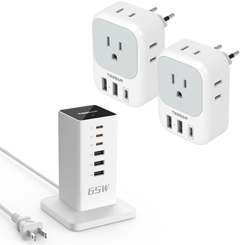 2 Pack European Travel Plug Adapter USB C, TESSAN US to Europe Plug Adapter with 4 Outlets 3 USB Charger (1 USB C Port), 65W Charging Station for Multiple Devices, PD 20W USB Charger Block