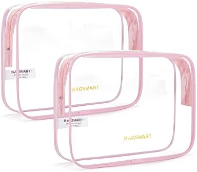 BAGSMART Clear Toiletry Bag, 2 Pack TSA Approved Carry on Travel Accessories Bag Airport Airline Quart Size Bags Water Repellent Makeup Cosmetic Bag for Women (Pink-2pcs)
