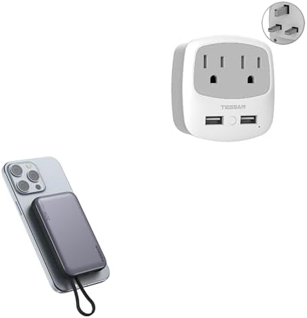 UK Ireland Travel Plug Adapter, TESSAN Type G Power Adaptor with 2 USB Charger Ports 2 AC Outlets, Magnetic Portable Charger, 20W Fast Charging Battery Pack for iPhone 15/14/13/12/Mini/Pro/Pro Max