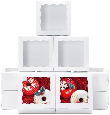 20pcs 5x5x2.5 Inch Cookie Boxes with window: Bakery Boxes Dessert Treat Boxes Chocolate Covered Strawberries Boxes for Christmas Valentine's Mother's Day