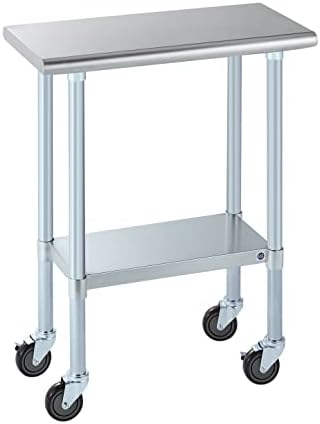 ROCKPOINT Stainless Steel Table for Prep & Work with Caster Wheels 14x30 Inches, NSF Metal Commercial Kitchen Heavy Duty Table with Adjustable Under Shelf and Table Foot for Restaurant, Home and Hotel