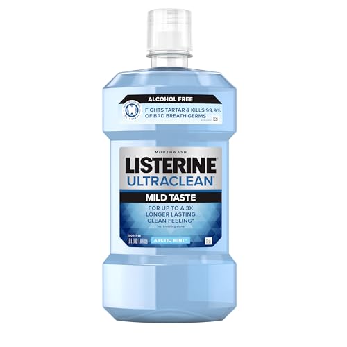 Listerine Ultraclean Zero Alcohol Tartar Control Mouthwash, Oral Rinse to Help Fight Bad Breath and Tartar, for Cleaner, Naturally White Teeth, Less Intense Arctic Mint Taste, 1 L