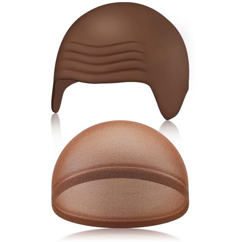Syhood 2 Pieces Halloween Bald Cap Makeup Latex Bald Head Wig Caps Bald Hat Cosplay Costume for Adults(Dark Brown,Medium)