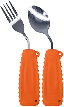 Adaptive Utensils,Curved Angled Spoon and Fork Set,for Tremors Parkinsons Limited or Elderly,Lightweight Cutlery with Non-Slip Easy Grip Handles (Right Hand Spoon and Fork Set,Pack of 2,Orange)