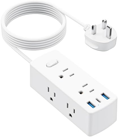 UK Travel Plug Adapter, Olcorife US to UK Ireland Type G Plug Adapter, International Power Strip with 6 Outlets and 3 USB(1 USB-C), 5 FT Cord for UK Ireland Dubai Hongkong