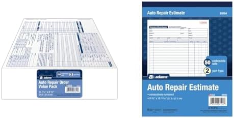 Adams Garage Repair Order Forms, 8.5 x 11 Inch, 3 Parts, 250-Count, White and Canary and White Tag & Auto Repair Estimate Book, 2-Part, Carbonless, White/Canary, 8-3/8 x 10-11/16 Inches