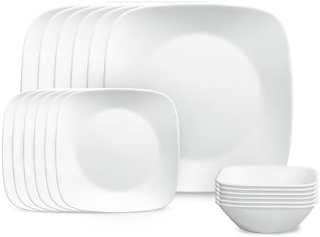 Corelle Vitrelle 18-Piece Service for 6 Square Dinnerware Set, Triple Layer Glass and Chip Resistant, Lightweight Square Plates and Bowls Set, Pure White