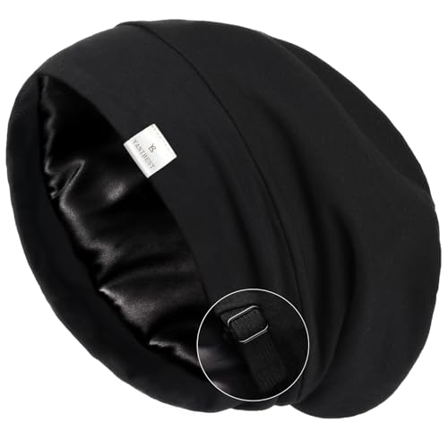 YANIBEST Slouchy Beanie Hat Satin Lined Sleep Cap Satin Bonnet Chemo Headwear Caps for Women and Men Pure Black